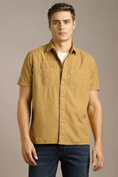Men Khaki Solid Half Sleeves Casual Shirt